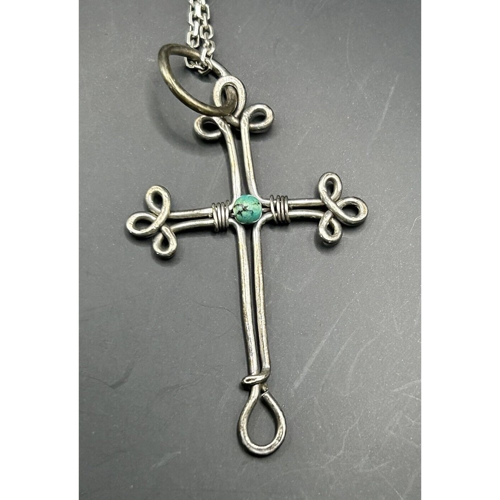 Navajo Turquoise Sterling Silver Cross Necklace Pendant